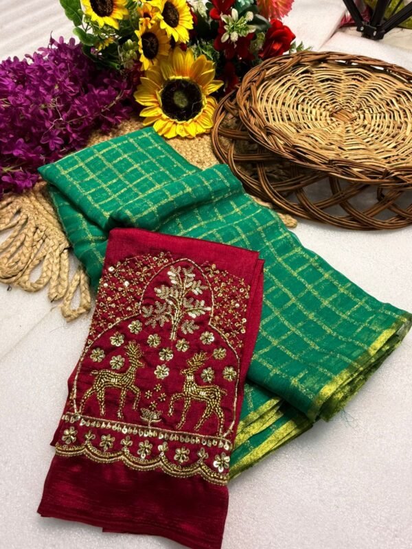 Georgette Saree with Golden Zari Checks at ₹1400 – Wedding & Festive Wear Georgette Saree with Golden Zari Checks