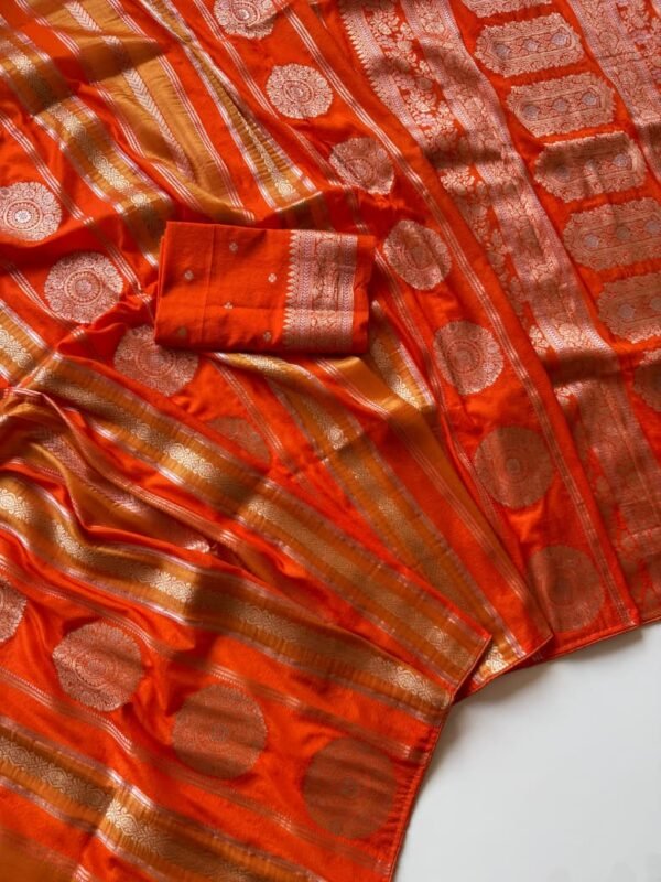 Elegant Orange Pure Chinya Tissue Saree with Silver & Golden Jari Weaving Orange Pure Chinya Tissue Saree