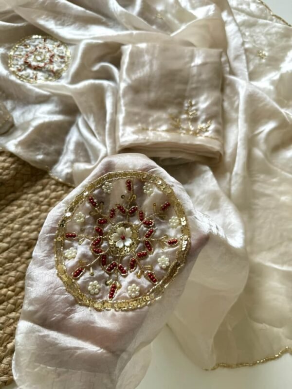 White Magic Soft Freddy Silk Saree with Khatli Hand Work | Designer Silk Saree Online White Magic Soft Freddy Silk Saree