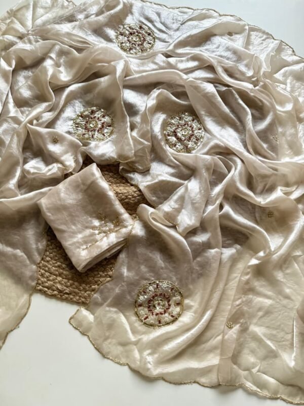 White Magic Soft Freddy Silk Saree with Khatli Hand Work | Designer Silk Saree Online White Magic Soft Freddy Silk Saree