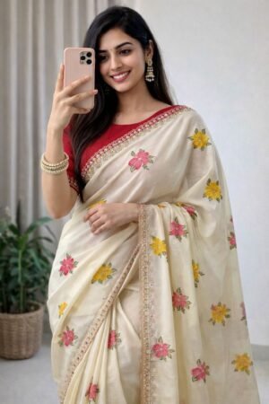 Soft Chinon Silk Embroidery Mirror Work Saree with Blouse | Festive Wear at ₹930 Silk Embroidery Mirror Work Saree