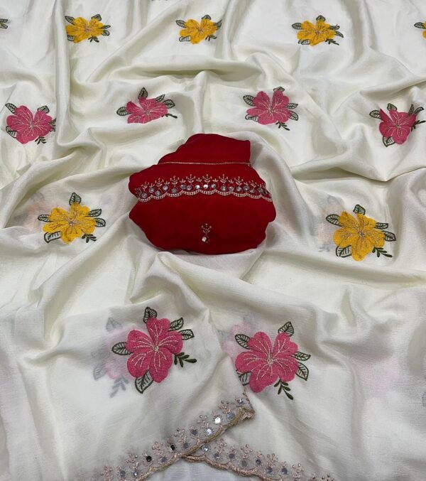 White Silk Embroidery Mirror Work Saree