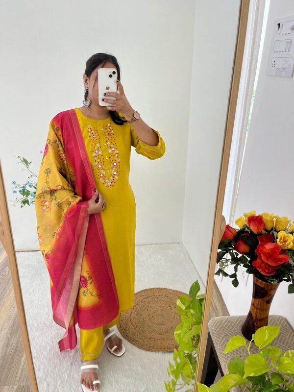Yellow Roman Silk Kurti Set with Zari Dupatta | Handwork Designer Suit Yellow Roman Silk Kurti Set