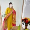 Yellow Roman Silk Kurti Set with Zari Dupatta | Handwork Designer Suit Yellow Roman Silk Kurti Set