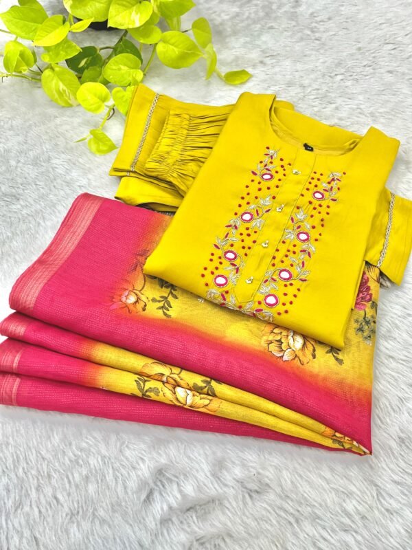 Yellow Roman Silk Kurti Set with Zari Dupatta | Handwork Designer Suit Yellow Roman Silk Kurti Set
