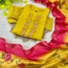 Yellow Roman Silk Kurti Set with Zari Dupatta | Handwork Designer Suit Yellow Roman Silk Kurti Set
