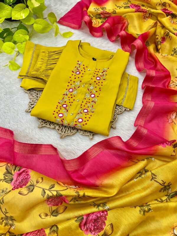Yellow Roman Silk Kurti Set with Zari Dupatta | Handwork Designer Suit Yellow Roman Silk Kurti Set