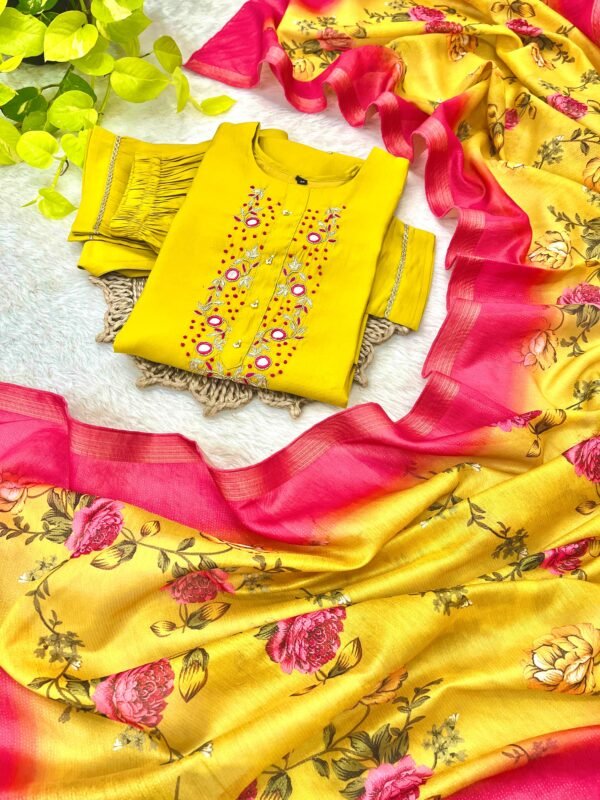 Yellow Roman Silk Kurti Set with Zari Dupatta | Handwork Designer Suit Yellow Roman Silk Kurti Set