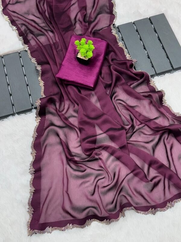 Purple Rangoli Fabric Diamond Work Saree with Handmade Panel Work Border Purple Rangoli Fabric Diamond Work Saree